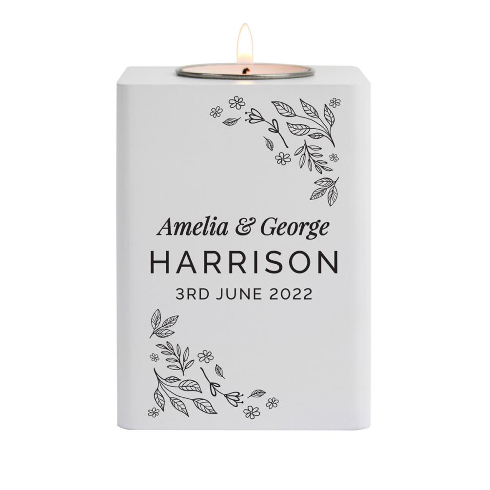 Personalised Floral Leaf White Wooden Tea Light Holder £13.49